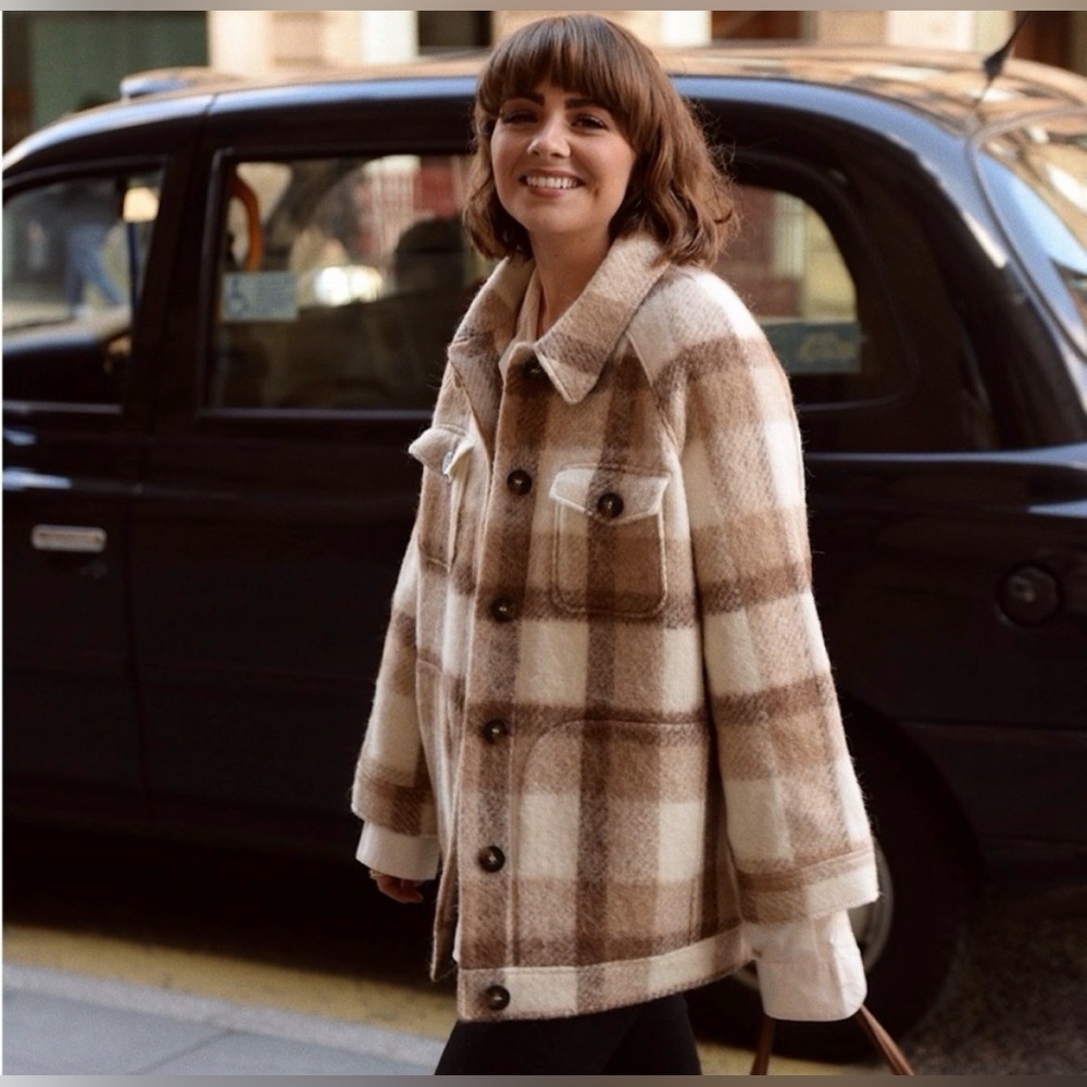 Sezane Alda Brown and Cream Plaid Jacket FR 36/US 4